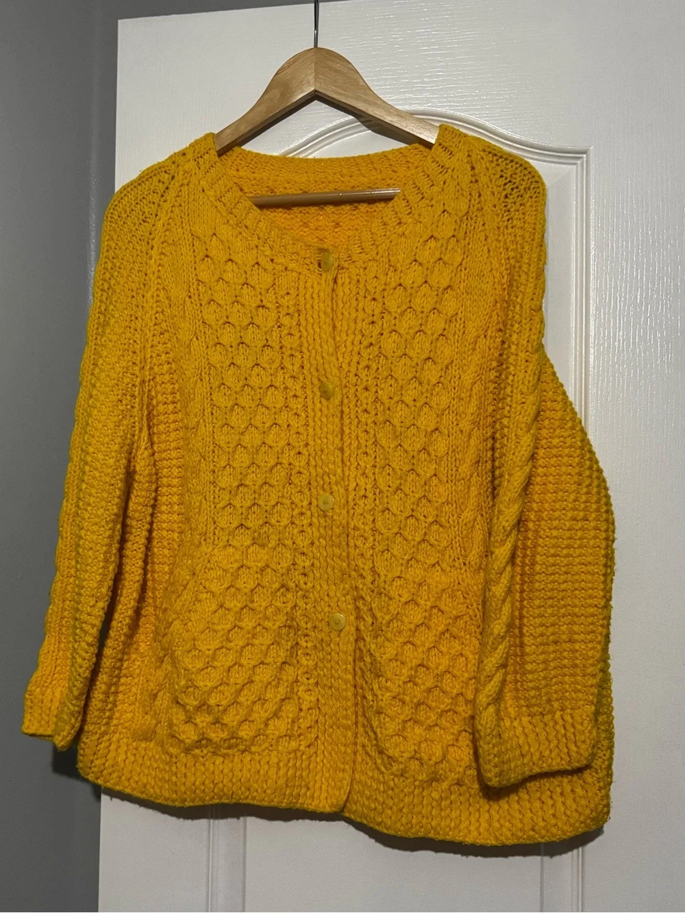 Vintage Plus Size Chunky Knit Button-Front waffle knit Sweater Cardigan - Yellow